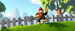 nico belic in donkey kong world, on lawn mover, jumping a fence