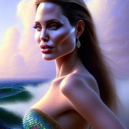 A beautiful portrait of Angelina Jolie as a mermaid , leaning on a ships deck ,Rough sea in the background, (digitall art by Eugene de Blaas and Ross Tran, vibrant color scheme, highly detailed, in the style of romanticism, cinematic, artstation best quality, realistic lighting, masterpiece portrait, details light dusting , cowboy shot from above, simple chain hauberk Vector art digital illustration 3D shading )