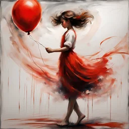 a painting of a girl holding a red balloon, in the style of dynamic energy flow, beautifully textured brushstrokes, i can't believe how beautiful this is, dark orange and white, graceful balance, graceful movement, loose paint application --ar 73:105 --stylize 750 --v 6