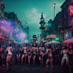 Ultra Realistic photo, medium shot view, drunken women, carnival scene, freak steampunk. hair monster, Sunglasses, smoking, happy, hot. Cabaret background, highly detailed, concept art, unreal engine 5, ray tracing, RTX, lumen lighting, ultra detail, volumetric lighting, 3d, finely drawn, high definition, high resolution.