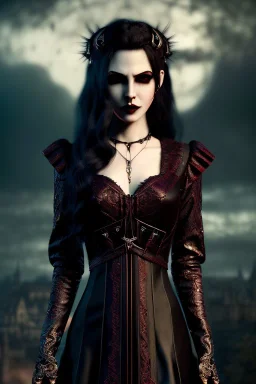 Smirking gothic vampire, waist up portrait, gloomy, 8k resolution, intricate details, ornate details, soft lighting, vibrant colors, retroanime, masterpiece, intricate eyeliner, dark eyeshadow, eyes, intricate tattoos, Medieval background