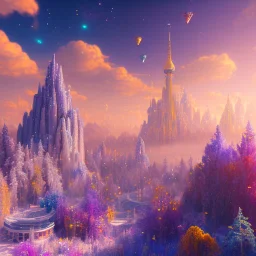 blue gold and violet landscape with multicolored crystals falling from the sky, full of details, smooth, bright sunshine，soft light atmosphere, light effect，vaporwave colorful, concept art, smooth, extremely sharp detail, finely tuned detail, ultra high definition, 8 k, unreal engine 5, ultra sharp focus