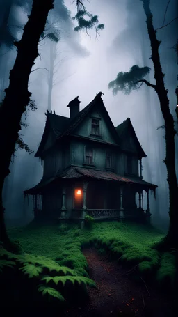 Scary haunted house in the middle of the forest, thick fog, atmosphere of darkness, overgrown forest, horror, depressing atmosphere