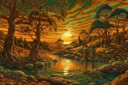 Great landscape, nature at sunset, Paradise Lost, spiritual, surreal, trees, fine art, tan skin, Vincent Van Gogh style, highly detailed, smooth, very sharp focus, illustration, bathing in light, ultra realistic illustration, close-up