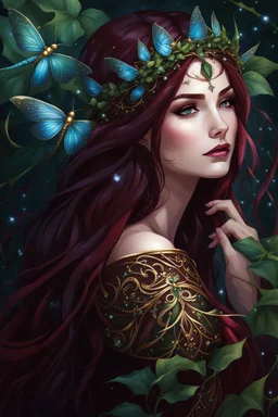 Burgundy hair, dark hair,dark red , rapunzel hair,very long hair,dark fairy princess,elven crown,night,dragonflies,beautiful,ong ashes,golden armor ,sparkle,night blooming,ivy,dark green,lilly of valley,golden elven crown