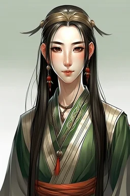 29 year old beautiful chinese female elf with long black braids, dressed in a diplomatic tunic