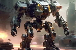 big, heavy, Omnic robot mech warrior with 4 huge arms punching through an enemy robot soldier, mech, concept art, full body. sci fi, sci-fi mech High-tech elements Steel plates Pneumatic and mechanical components Complex accessory system Mech hardness and strength