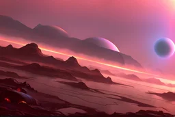 Alien landscape with exoplanet in the sky, over the valley. Pond, cinematic, movie poster