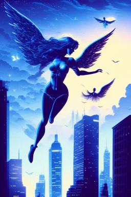 A flying angel over the tall buildings in a city at deep blue night.