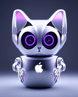 A robotic cat with an Apple logo called “iBots”, suggesting it’s made from an Apple product’s casing. Its glossy white and silver limbs are mechanically jointed, reflecting a scarabet’s anatomy. The design is a creative fusion of technology and organic form, compactly labeled “ibots.” Hyper detailled, hyper realistic, 4K, sharp render