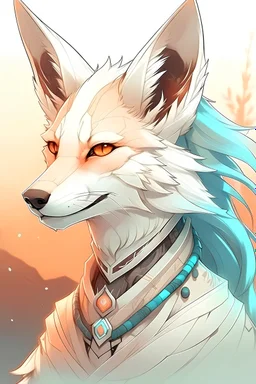 Draw a brave and feminine white fox in the style of Horizon Zero Dawn