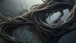 Multiple tangles entwined between a twisted thin piece of cloth as part of many twisted branches disappearing into the distant mist, epic photo, sharp on very detailed skin with wrinkles and high contrast, photorealistic, 4K, 3D, realism, hyperrealism, detailed, good lighting , detailed texture, modern photography style, 3D, 4D, 4K --2:3