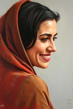 Palestinian woman with a beautiful face, turning her face slightly to the right, with a beautiful smile, and her mouth closed, not showing her teeth, she looks drawn with oil paints