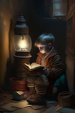 A child sitting on the floor, next to a lantern, studying old books