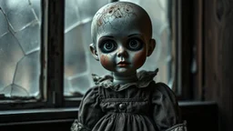 looking at the camera a high realistic vintage crepy porcelain puppet doll, old, dirty with old dress, sitting on shelf, in background blur cracked window. The figure has cracked face and head, and piercing big black eyes. High contrast, cinematic, thriller, dark, atmospheric. Surreal style , perfect composition, sharp focus, intricate details, gloomy vibe