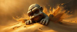 master oil painting by Rembrandt, good afternoon clay golem peeking out of a radiant sand whirlwind, in the style of disney