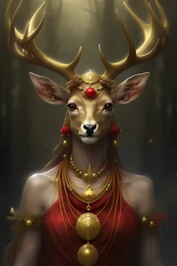 A mystical deer goddess with gold and small ruby jewelry. There should be a large runic symbol for balance floating between the antlers