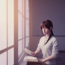 female student studying by the window, anime style, unreal engine 5, sun light, studio lighting --ar 2:1