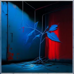 Minimal abstract oil painting of a neon large blue leaf plant in concrete warehouse brutalist architecture and hanging wires illuminated at night. With triadic red colours. In the style of Justin Mortimer and Phil Hale, Ashley Wood