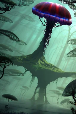 Alien forest with an umbrella made from a jellyfish, photorealistic, Detailed Matte Painting, Deep Colour, Fantastical, Intricate Detail, sunshine, blue sky