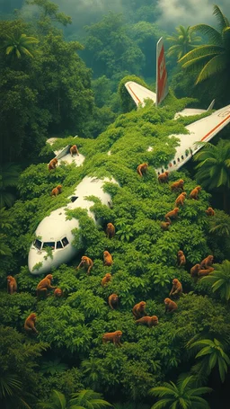 An airplane crashed in the Amazon rainforest , covered with green bushes, Busch painting style nightmare a lot of monkeys surrounding the plane