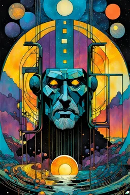 Create a chaotic abstract cubist Tarot Card depicting a post apocalyptic, The Hermit , with highly detailed facial features, in the style of Bill Sienkiewicz, Philippe Druillet, Gustav Klimt, and Jean Giraud Moebius, precisely drawn, colored and inked