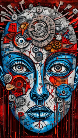 Bosch style painting , A balled face in details . The texture of the face is a collage of many 3D clock gears and screws covering the whole face and the eyes are covered by caves figures