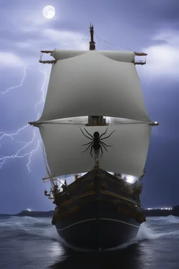 Ship front view with a Spider figurehead at night in a storm with giant waves