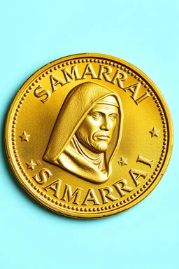 view of the word, Samarrrai , on a gold coin ,with picture of , hooded man head , 2024 ,in the middle of the coin.