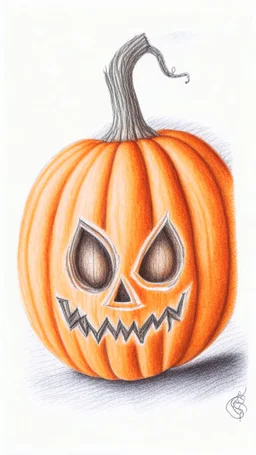pencil drawing of a pumpkin. Spooky, scary, halloween, white background, colored pencils