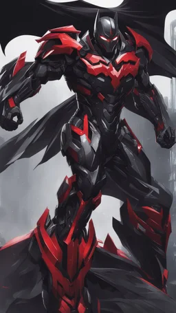 A close picture to Mix between symbiote and machine and batman in transformers cyborg with black metal and red details armor in solo leveling shadow art style with red details detailsis in fantasy world
