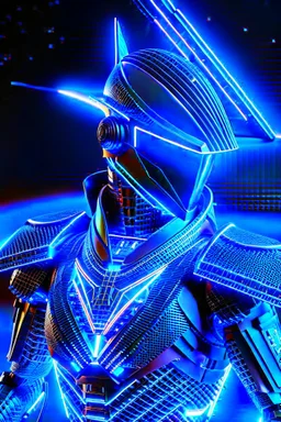 neon blue, flying parts of armor in form of triangles, cyber armor, geometric patterns on armor, male, orbiting triangle