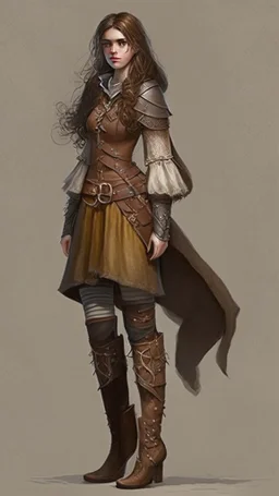 girl, brown hair, Her eyes are brown, she wears fantasy medieval clothes, she is slim, full body with boots side view