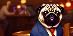 pug in a suit at a bar