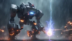 Captivating Climaxes - Crafting Powerful Endings have a couple robots fighting in the rain and lighting make it a battle that is intense with lazers