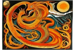 An orange colored lightning elemental snake designed in medieval tapestry painted by Salvador Dali