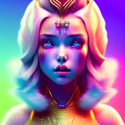 blonde woman teenager, gold teeth, purpurin, retro futuristic, feather dress, gradient color, BLUE, PINK, CYAN, neon, insanely detailed, 16k resolution, perfect eyes, cinematic smooth, intricate detail