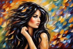 an irresistibly adorable image of a whimsical brunette woman creature with black hair and hazel eyes. Envision a charming being with fluffy, onyx-colored fur or hair that frames its endearing face. in the blowing wind Leonid Afremov