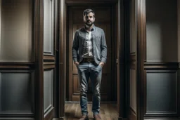 man in jeans and a shirt standing in a room of doors