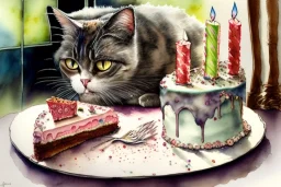 Cat is having a birthday cake.. Highly detailed, smooth colours, realistic landscape. Aquarell