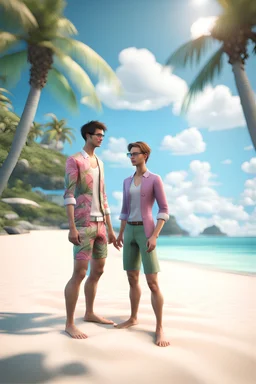 In the virtual world, two persons, a male, and a female with springtime clothes are on a tropical beach.