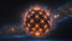 A delicate stellated buckyball, wonderful, beautiful, complete, floating in outer space in the milky way, luminous, glowing, reflective, coloured, fractal texture, exquisite composition, beautiful precise intricate insanely detailed octane render trending on artstation, 8k artistic photography, photorealistic concept art, soft natural volumetric cinematic perfect light, chiaroscuro, award-winning photograph, masterpiece, style of M. C. Escher