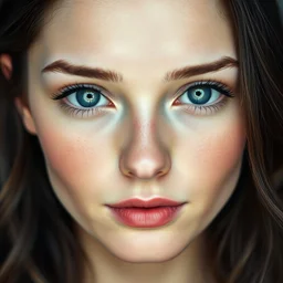 A close-up frontal portrait of a beautiful Ukrainian young woman with smooth, fair skin, showcasing realistic skin texture and visible pores. She has striking blue eyes with detailed reflections and long lashes, framed by naturally shaped eyebrows. Her hair is wavy, silky, and black, with a natural texture that gently frames her face. The lighting is soft and even, emphasizing her facial features with a delicate glow. The background is neutral, enhancing the focus on her facial details.