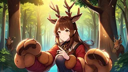 Girl and doy, forest, , deer hoof foot, brown hair,, deer face,deer hoof hand