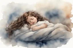 Small girl with long curly brown hair sleeping in god's hand (a big, clear hand) watercolor and ink, backlit, mist and fog