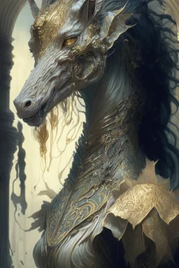 Child-eating horse deer lion alligator alien fused together , fantasy, intricate, elegant, highly detailed, digital painting, artstation, concept art, smooth, sharp focus, illustration, art by artgerm and greg rutkowski