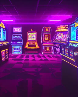 A dark photo of the corners of an 80's aesthetics arcade at night, with a lot of functioning arcade machines, a vaporwave floor and some colorful tiles in between the floor. Purple aesthetics. There are some pizza boxes over some of the arcade machines