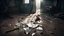 Glass shattering scene, a shattered glass pieces lies on dirt floor, and camera see a young woman's had with bloody fingers , The room is an old poor villager's abode, pale light, The mood is one of profound melancholy, sad