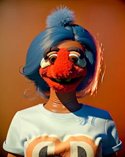 Waist up Portrait, hybrid character, waitress woman with monster muppet mask that covers her entire head, retro style, Sesame Street style, smooth, unreal engine 5, god lights, ray tracing, RTX, lumen lighting, ultra detail, volumetric lighting, 3d.