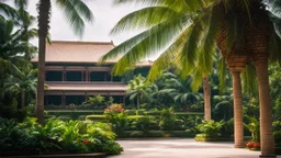 1997. Malaysian cityscape, urban, tropical gardens, palm trees, tropical flowers, Buddhist temple, sunlight, calm beauty, splendour, uplifting, inspiring, gentle, rule of thirds, therapeutic, spiritual, chiaroscuro, colour, award-winning colour photograph, Nikon 85mm